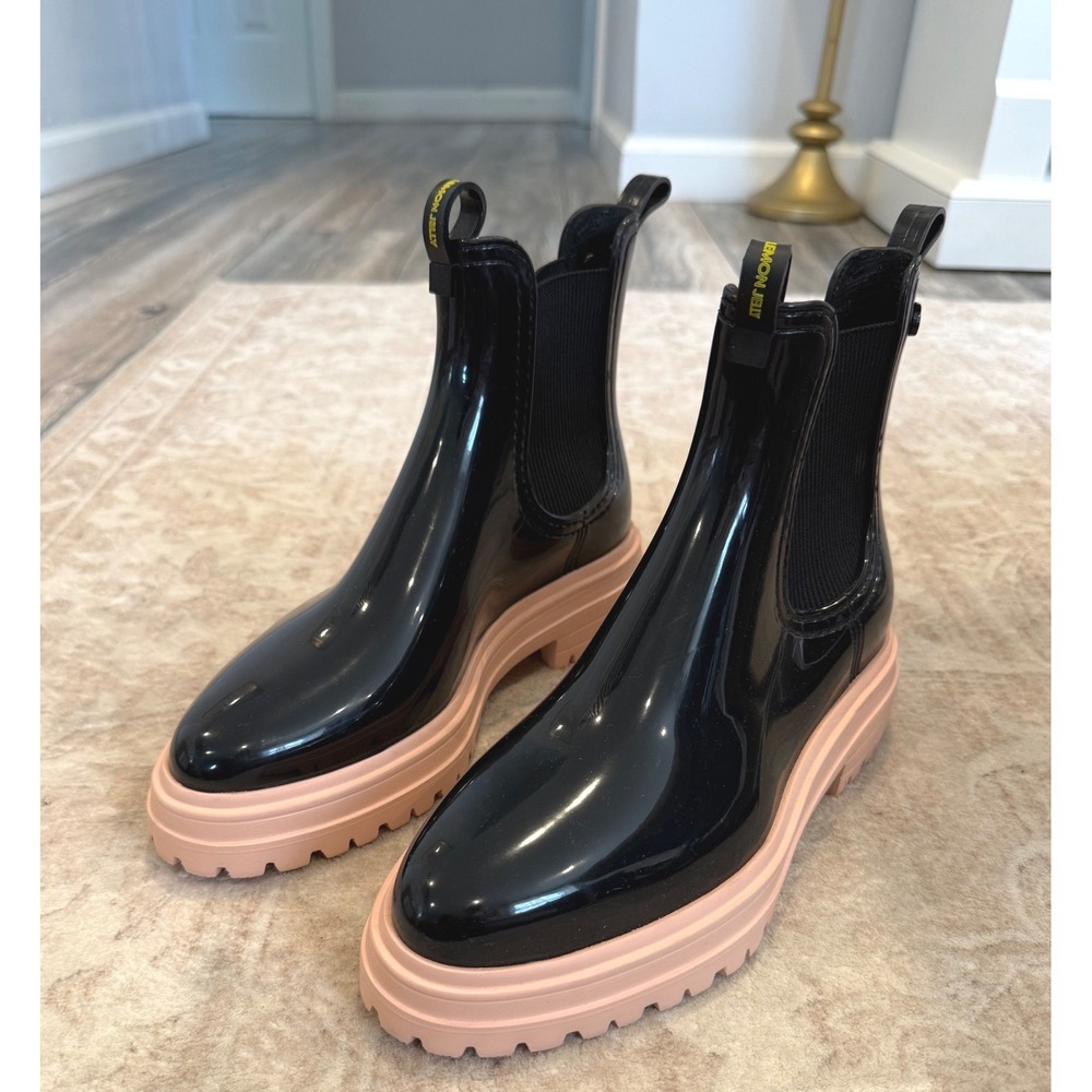 Lemon Jelly City 01 Black Pink Ankle Rain Boots Vegan Chelsea Boot Size 38 NWOB